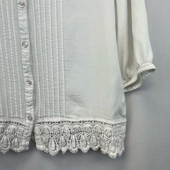 Chicos Women Button-up Blouse White 3/4 Sleeve V Neck Pin Tucks Crochet Lace S/0 - Picture 9 of 11